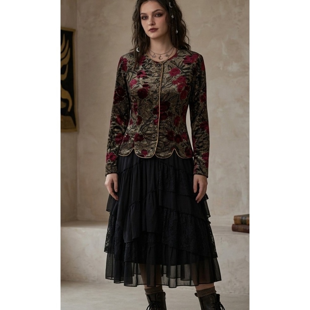 Vintage R&K Evening 4P Floral Burnout Velvet Jacket Red Black Whimsigoth Gothic